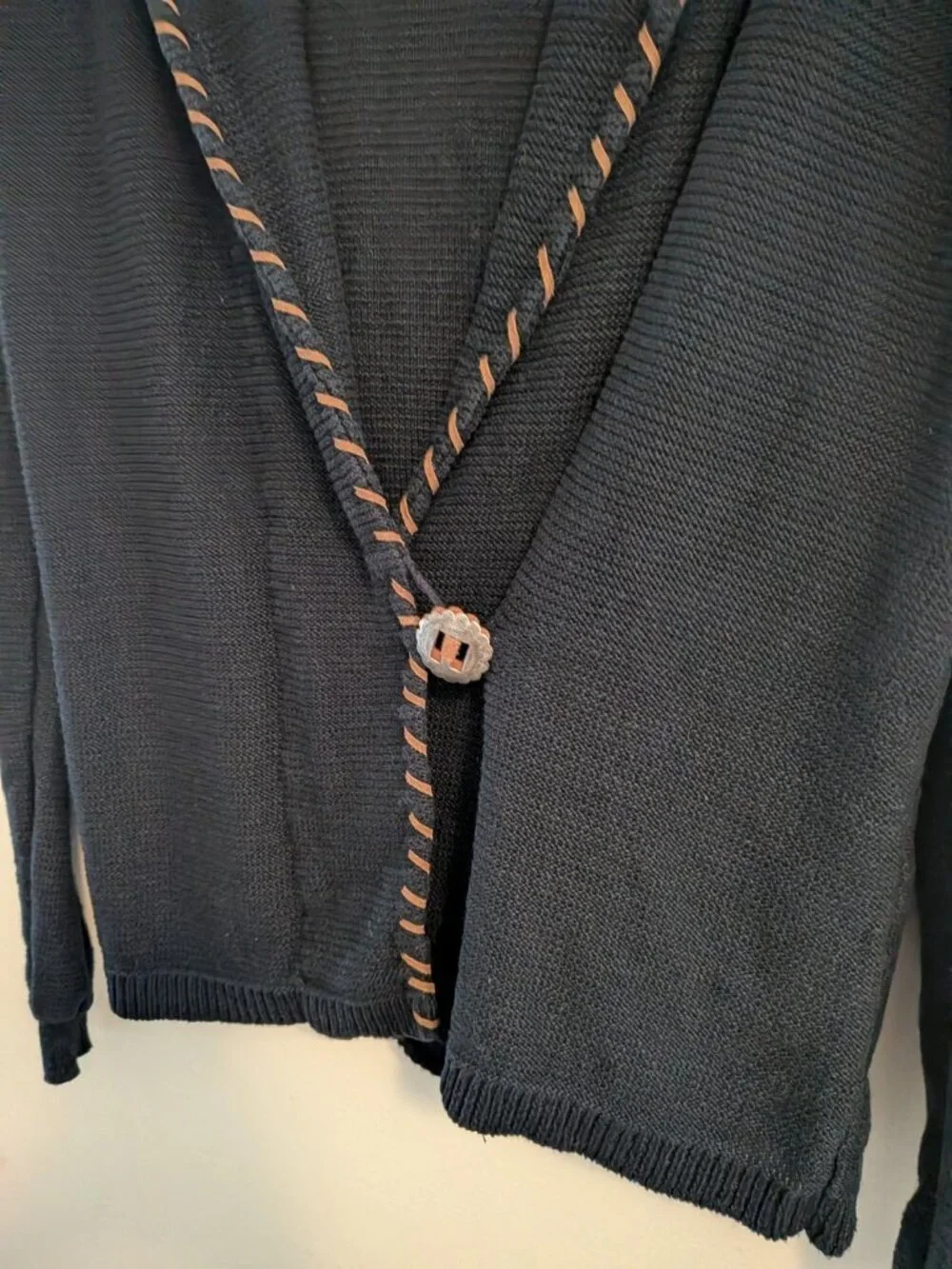 Lauren Ralph Lauren Cardigan M Black Linen Cotton Whipstitch Shawl Collar Boho
